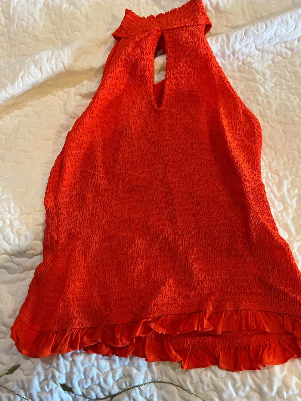 Orange Halter Ruffle Hem Smocked Top